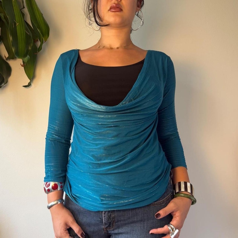 Vintage Y2K Teal Cowl Neck Shimmery Double Layered 3/4 Sleeve Top Large